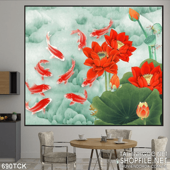 Tranh cá chép đỏ và hoa sen đỏ