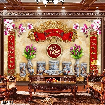 Tranh đá 3d hoa tulip và thư pháp trang trí phòng thờ