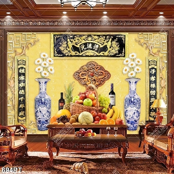 Tranh hoa quả và thư pháp treo phòng thờ