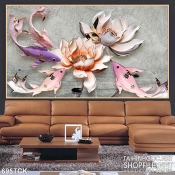 Tranh hoa sen phù điêu ấn tượng in uv