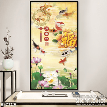 Tranh cá chép khổ dọc và hoa sen