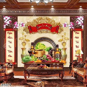 Tranh thư pháp câu đối và mâm hoa quả dán tường phòng thờ