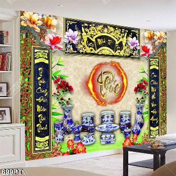 Tranh thờ 3d câu đối thư pháp và hoa mộc lan đẹp nhất