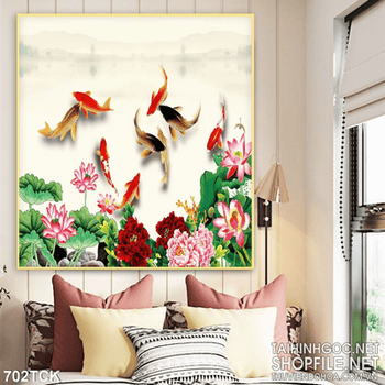 Tranh cá chép hoa sen hoa mẫu đơn đẹp