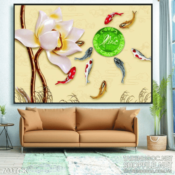 Tranh cá chép giả ngọc 3d và hoa sen đẹp 3d