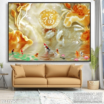 Tranh giả ngọc hoa sen in psd cá chép