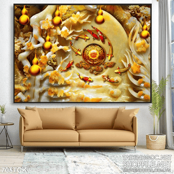 Tranh cá chép bơi quần tụ bên viên ngọc quý uv