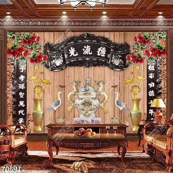 Tranh dán tường phòng thờ chim hạc và hoa file psd