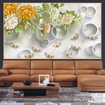 Tranh 3d hoa mẫu đơn và cá chép