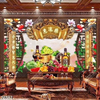 Tranh 3d treo tường phòng thờ mâm hoa quả file gốc