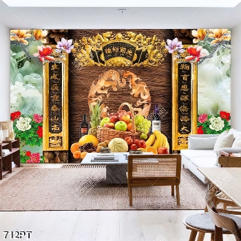 Tranh 3d dán tường phòng thờ mâm hoa quả và hoa mẫu đơn