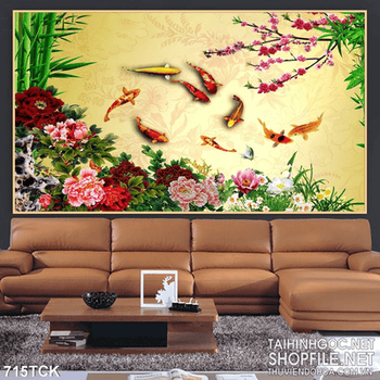 Tranh in uv cá chép và hoa mẫu đơn