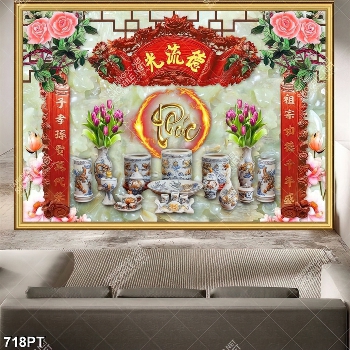 Tranh thư pháp và hao tulip trên nền giả ngọc trang trí bàn thờ tổ