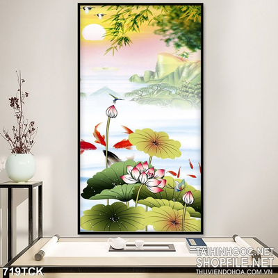 Tranh vẽ khổ dọc hoa sen wall