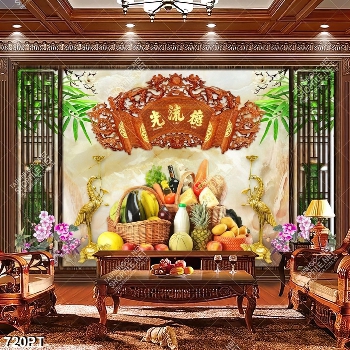 Tranh 3d mâm hoa quả và chim hạc vàng chất lượng cao in uv