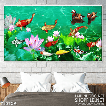 Tranh ao sen và đàn cá chép phong thủy 3d