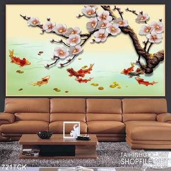 Tranh cá hoa đào giả ngọc và cá chép