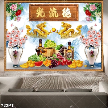 Tranh thờ song long và hoa quả trang trí bàn thờ tổ