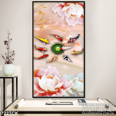 Tranh khổ dọc giả ngọc hoa mẫu đơn file psd