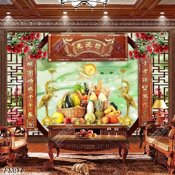 Tranh 3d chim hạc vàng và thư pháp dán tường phòng thờ