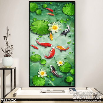 Tranh 3d khổ dọc hoa sen cá chép