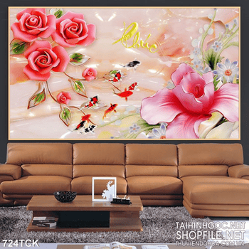 Tranh wall giả ngọc hoa sen cá chép in 3d