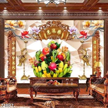 Tranh 3d mâm hoa quả và chim hạc dán tường in uv