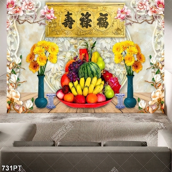 Tranh 3d  hoa cúc và mâm trái cây trang trí bàn thờ