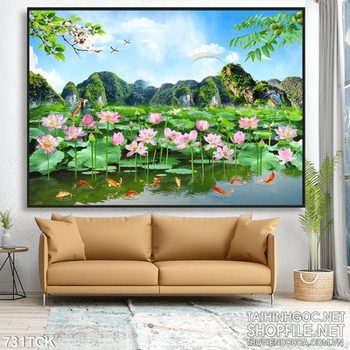 Tranh in uv đầm sen cá chép phong thủy