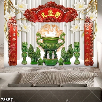 Tranh 3d thư pháp và hoa trang trí bàn thờ gia tiên file gốc