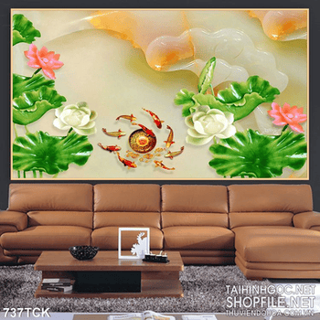 Tranh uv giả ngọc hoa sen và cá chép quần tụ