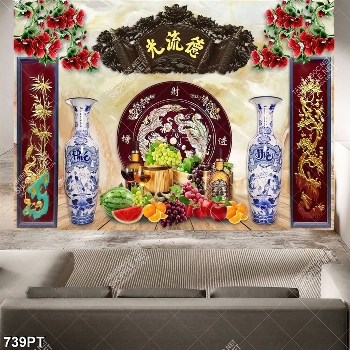 Tranh bình gốm và mâm hoa quả dán tường phòng thờ