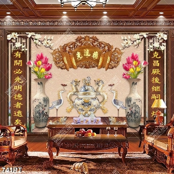 Tranh hoa tulip và chim hạc dán tường phòng thờ in uv