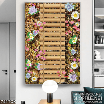 Tranh cái cầu bằng tre và những bông hoa sen đẹp 3d