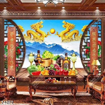 Tranh rồng phượng và mâm ngũ quả trang trí bàn thờ gia tiên