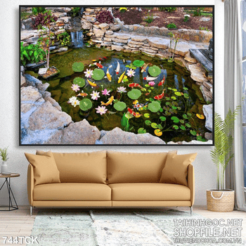 Tranh cái hồ nuôi cá chép và hoa sen 3d