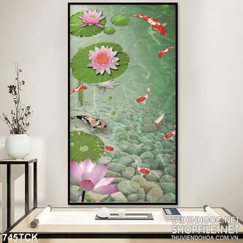 Tranh khổ dọc hoa sen và cá chép in uv