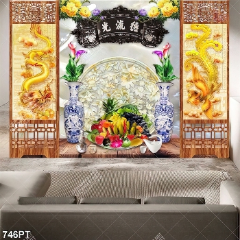 Tranh dán tường rồng phượng và mâm trái cây trang trí phòng thờ