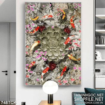 Tranh quần tụ cá chép bên hoa sen