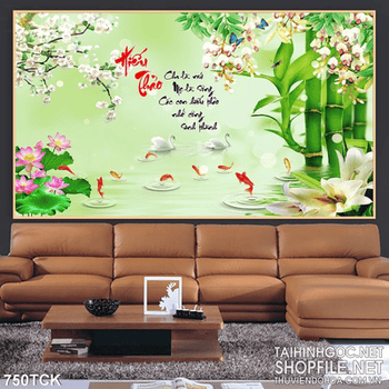 Tranh 3d hiếu thảo thiên nga và hoa sen uv