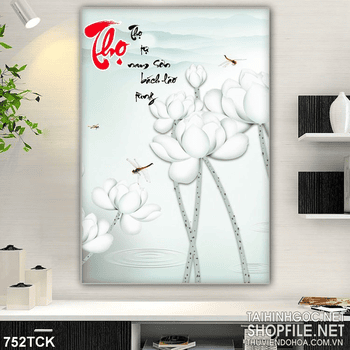 Tranh wall chữ thư pháp thọ và hoa sen trắng