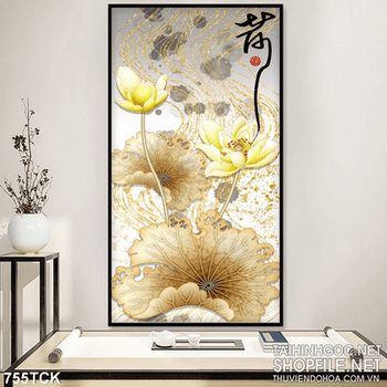 Tranh khổ dọc 3 walll hoa sen vẽ tay