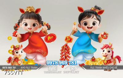 File tranh PSD em bé và cặp ngựa đón chào xuân mới 2026 755VTT File tranh PSD em bé và cặp ngựa đón chào xuân mới 2026 755VTT
