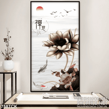 Tranh hoa sen thư pháp đẹp 3d