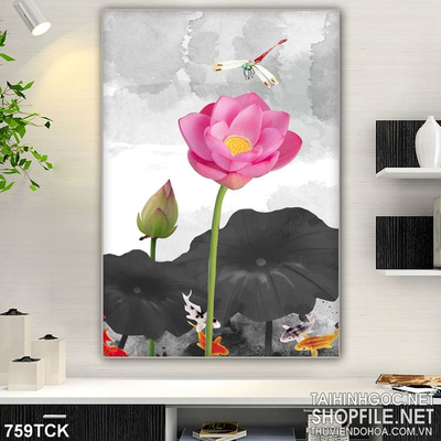 Tranh con chuồn chuồn và bông hoa sen đỏ