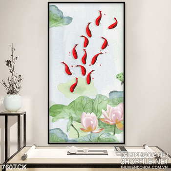 Tranh cá chép phong thủy khổ dọc wall và đóa hoa sen giả ngọc