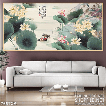 Tranh khổ nganh hoa sen sơn dầu in uv