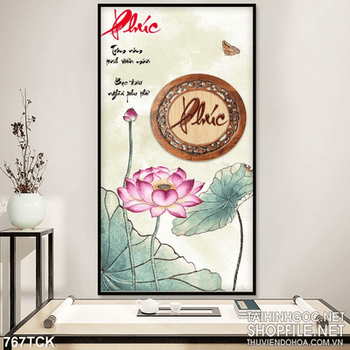 Tranh in uv chữ phúc hoa sen