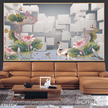 Tranh 3d  thiên nga in uv và hoa sen