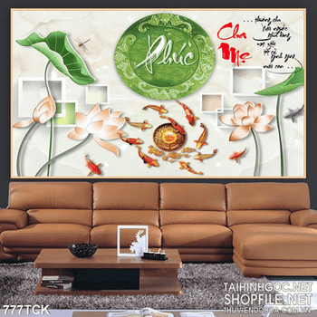 Tranh cha mẹ chữ phúc hoa sen giả ngọc